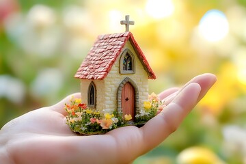 A tiny church-like structure in a hand with a bright backdrop.
