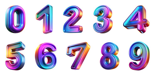 set of neon 3d numbers isolated on transparent background, cut out, PNG