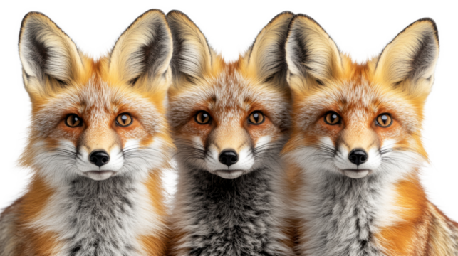 three red fox vulpes isolated on white background 