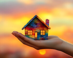 A vibrant colorful home in a hand with a sunrise background.
