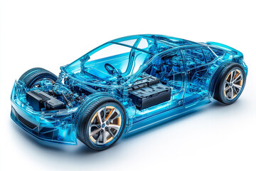 A transparent electric car with visible interior components and a futuristic design