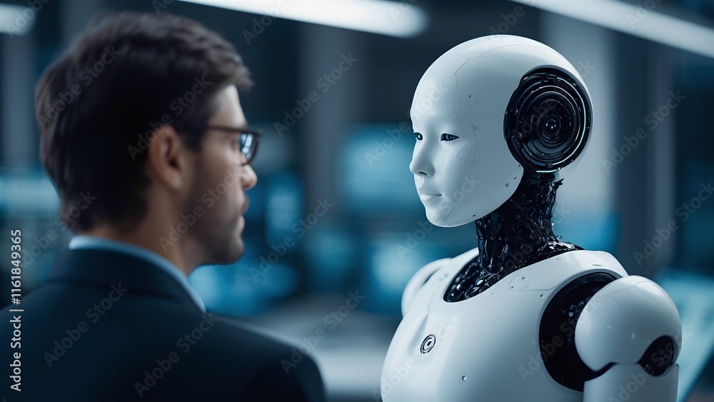 Poster engaging interaction between human and ai robot futuristic technology lab visual content high-tech e