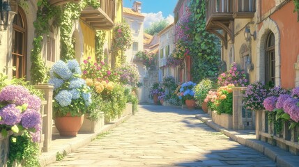 "3D Rendering of Old Town Street - Mural and Wallpaper Design for Walls"