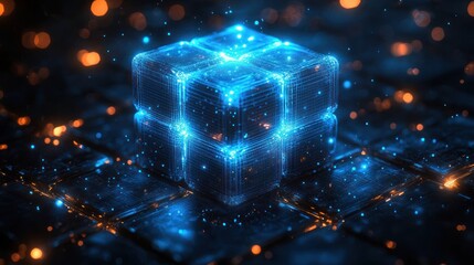 Glowing blue cube digital energy.