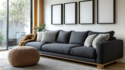 Fototapeta premium Modern living room interior with dark gray sofa, beige ottoman, and three framed pictures on a white wall.