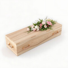A conceptual design of a modern eco-friendly coffin made from biodegradable materials, adorned with natural textures and soft floral arrangements. Perfect for sustainability and environmental themes.
