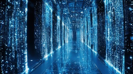 Obraz premium Futuristic server room corridor with glowing blue data streams.