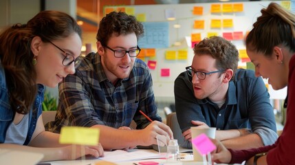 Obraz premium A tech startup team collaborating on a groundbreaking product, surrounded by interactive digital prototypes and brainstorming tools