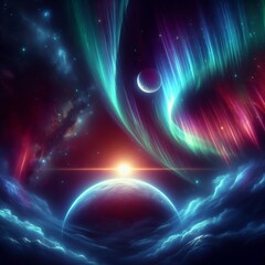 Obraz premium A glowing aurora in space wrapping around a distant moon