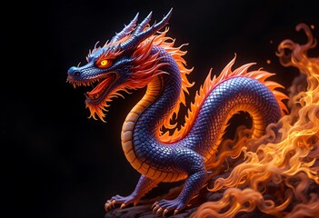 Obraz premium Powerful, Fiery Dragon Statue Against a Black Background. Generative AI