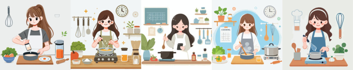 vector set of girls cooking