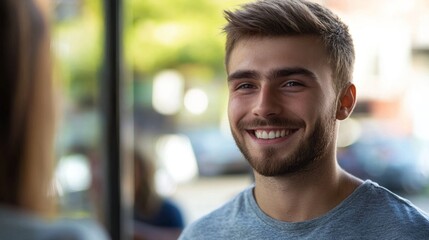 Shy guy with a shy smile while meeting new people, reflecting his reserved yet friendly personality