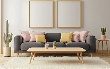 Modern living room interior with gray sofa, wooden coffee table, pastel cushions, and cactus plants. Two empty picture frames on the wall.