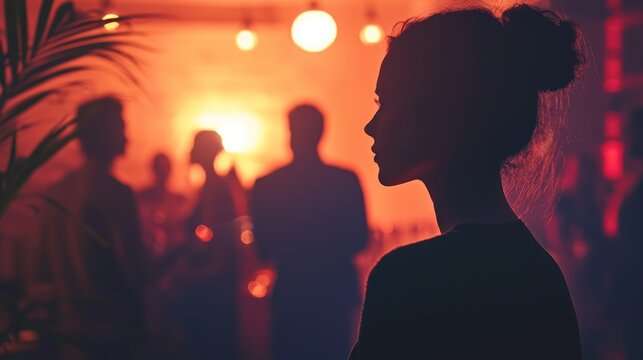 Shy party scene showcasing a gathering with people mingling, while a shy person stands slightly apart, observing