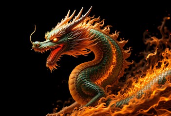 Obraz premium Powerful Chinese Dragon Emblazoned with Fiery Flames for Background
