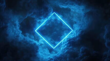 Abstract Futuristic 3D Rendering with Neon Geometric Shapes and Stormy Clouds in the Night Sky