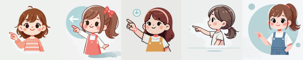 little girl vector set pointing to the side