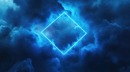 Abstract Futuristic 3D Rendering with Neon Geometric Shapes and Stormy Clouds in the Night Sky