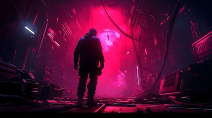 Cyberpunk-Inspired Glowing Futuristic Interior in Moody Abandoned Warehouse Corridor