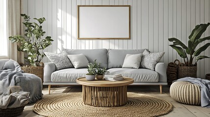 Cozy living room interior with gray sofa, wooden coffee table, plants, and jute rug.