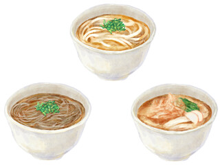 日本の定番の麺のシンプルなイラスト(そば・うどん・きしめん)