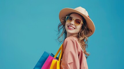 Stylish woman with shopping bag, showcasing her fashion sense and happiness, against a modern blue background.