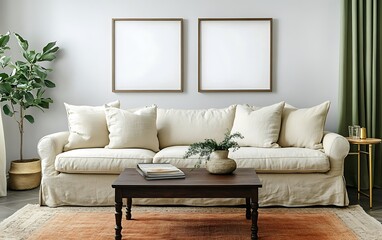 Modern living room interior with beige sofa, coffee table, plants, and two blank frames on the wall.