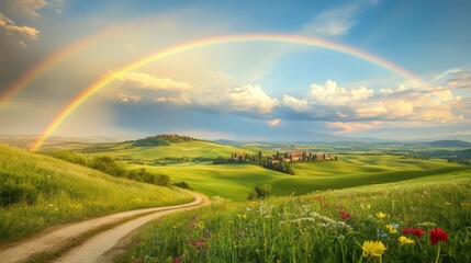 Fototapeta premium A beautiful rainbow over the rolling hills of Tuscany, with a small village in the distance and clouds dotting the sky.