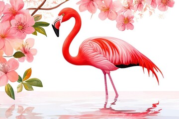 Naklejka premium Elegant Flamingo Standing Beside Beautiful Pink Cherry Blossoms
