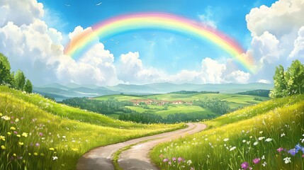 A beautiful rainbow over the rolling hills of Tuscany, with a small village in the distance and clouds dotting the sky.
