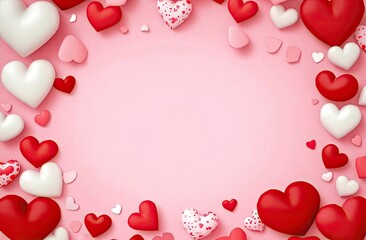 Romantic heart candies border on pink backdrop for valentine's day