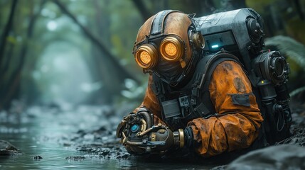 A figure in an orange suit and goggles examines a device in a lush, misty environment.