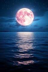 Pink Moonrise Over Calm Ocean: A Serene Nightscape