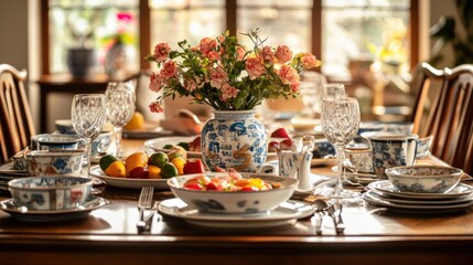 Fototapeta premium Sunlit dining table set for a meal with floral centerpiece, fine china, and fruit.