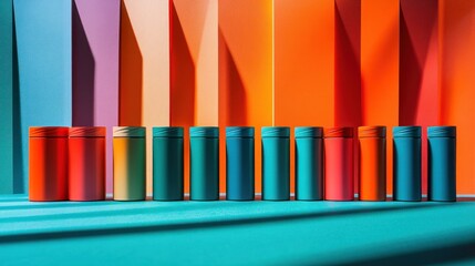 Fototapeta premium Colorful thermoses in a row against a vibrant background.
