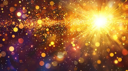 Naklejka premium Golden light burst with bokeh effect and sparkles on dark background.