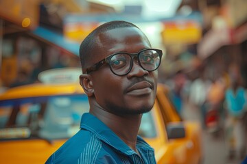 Obraz premium A man with glasses standing in front of a taxi