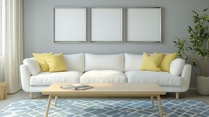Modern living room interior with white sofa, light wood coffee table, blue rug, and three empty picture frames.
