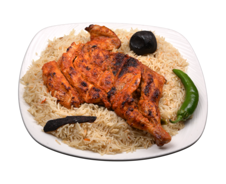 ALfahm fried chicken Mandi rice in a white ceramic plate