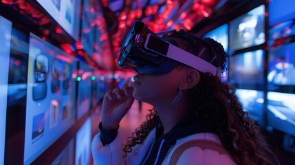 A travel blogger reviewing the best virtual reality experiences with a VR headset on and social media engagement options.