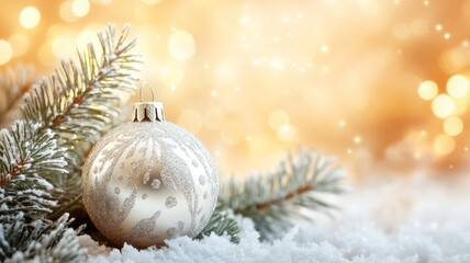 Elegant Silver Ornament Nestled Among Snowy Pine Branches