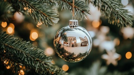 Silver Ornament Reflects Christmas Tree Lights