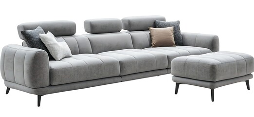 Modern gray sectional sofa with ottoman and pillows.
