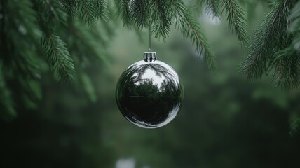Silver Ornament Hangs From Evergreen Branches Outdoors
