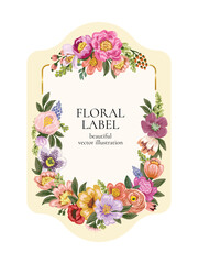 Flower gold Frame, Floral labels vector illustration, Flower wreath, decorative branches. Botanical background