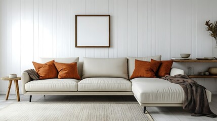 Beige sectional sofa with orange pillows in a minimalist living room.