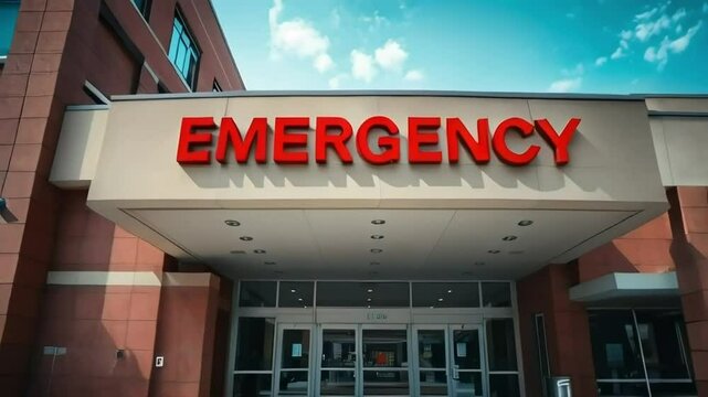 Hospital Emergency Room Entrance with Red Signage Under a Sunny Sky