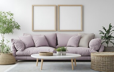 Lavender sofa in minimalist living room with two empty frames, plants, and woven baskets.