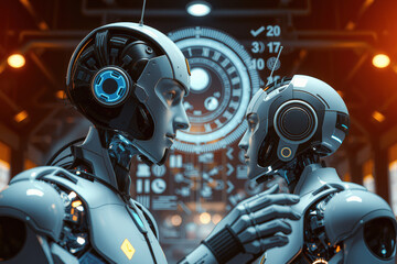 Two humanoid robots interact in futuristic setting, surrounded by digital interfaces and glowing lights, showcasing advanced technology and artificial intelligence