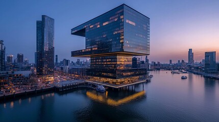 Modern architecture by waterfront at sunset.